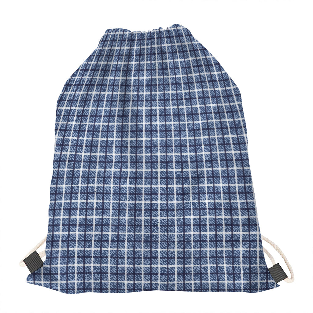 Denim Tattersall Pattern Print Drawstring Bag