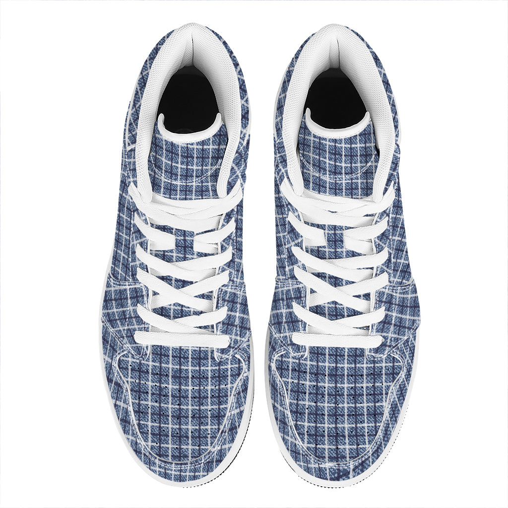 Denim Tattersall Pattern Print High Top Leather Sneakers