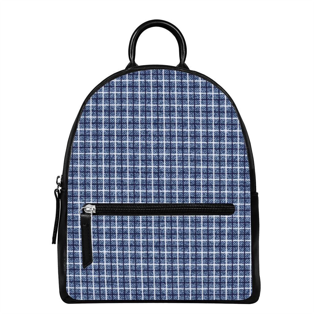 Denim Tattersall Pattern Print Leather Backpack
