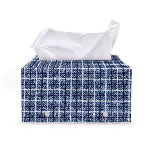 Denim Tattersall Pattern Print Leather Tissue Box Cover