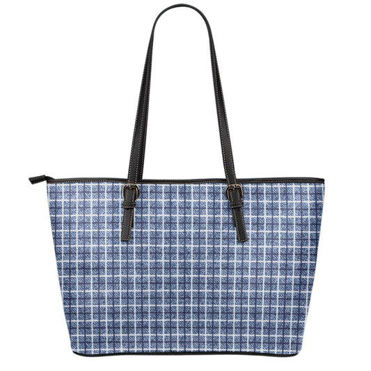 Denim Tattersall Pattern Print Leather Tote Bag