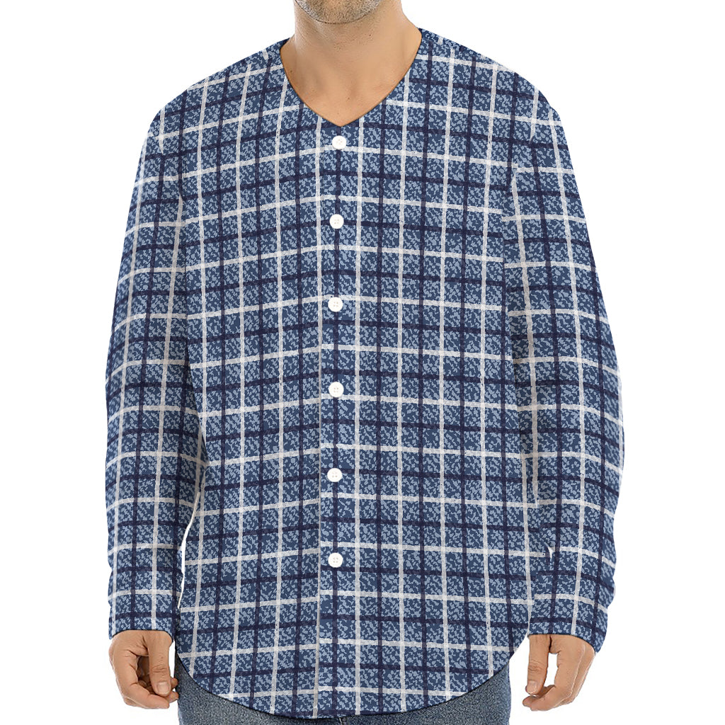 Denim Tattersall Pattern Print Long Sleeve Baseball Jersey
