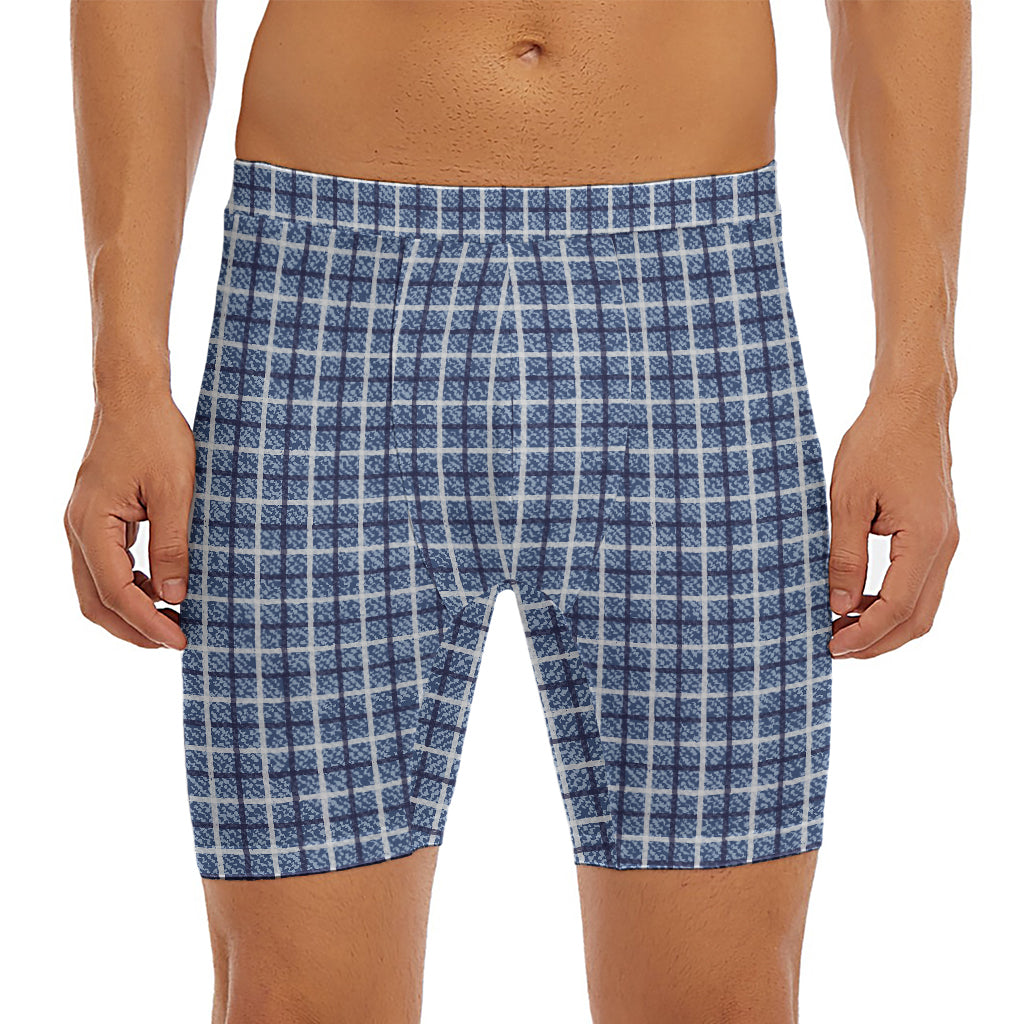 Denim Tattersall Pattern Print Men's Long Boxer Briefs