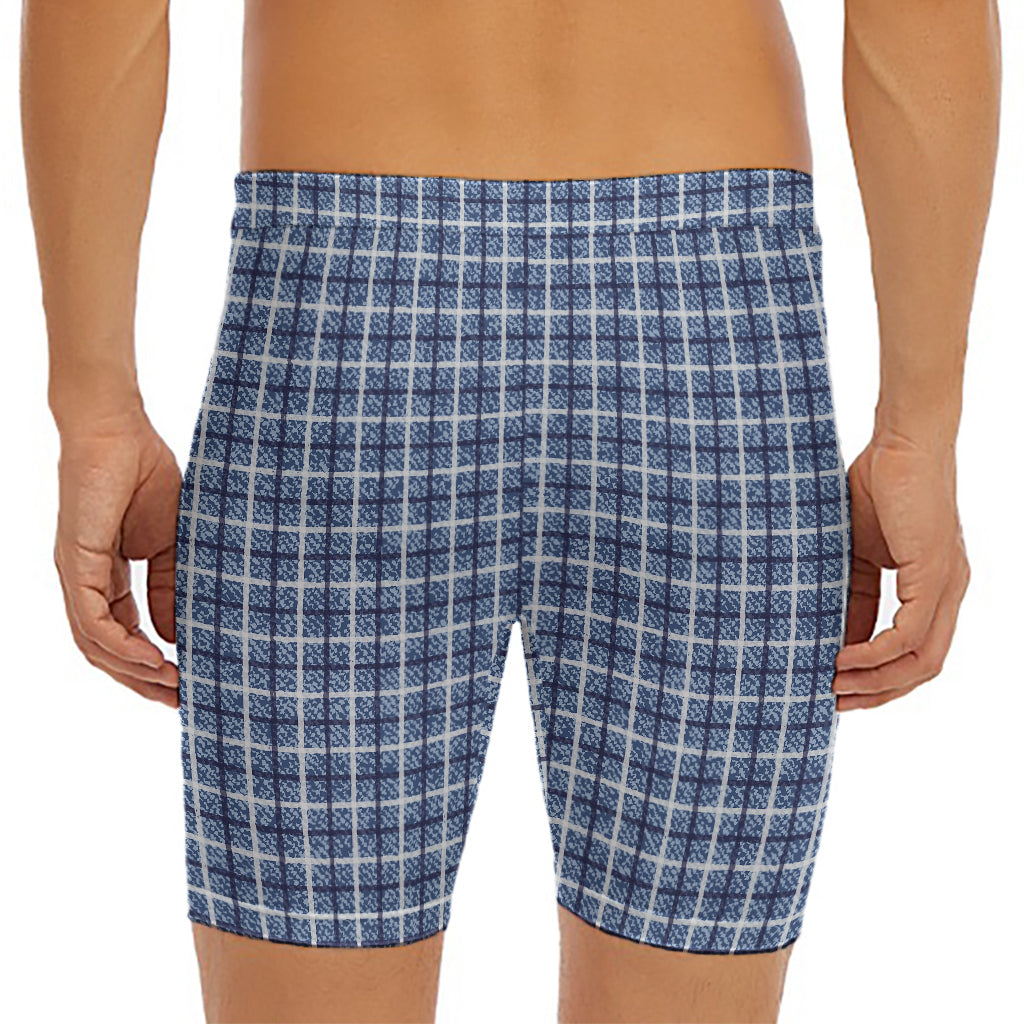 Denim Tattersall Pattern Print Men's Long Boxer Briefs