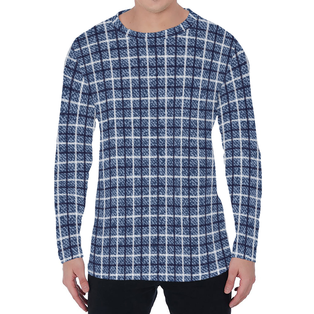 Denim Tattersall Pattern Print Men's Long Sleeve T-Shirt