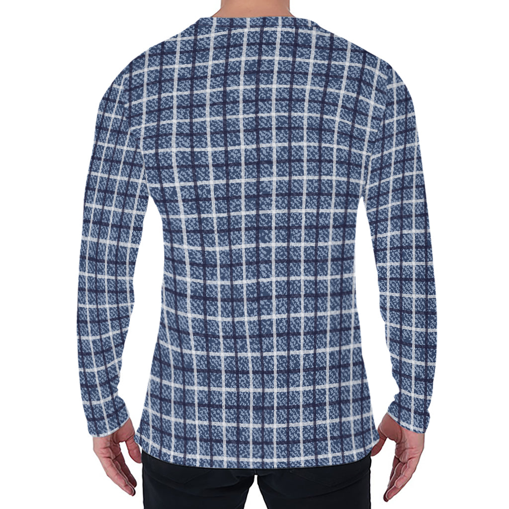 Denim Tattersall Pattern Print Men's Long Sleeve T-Shirt