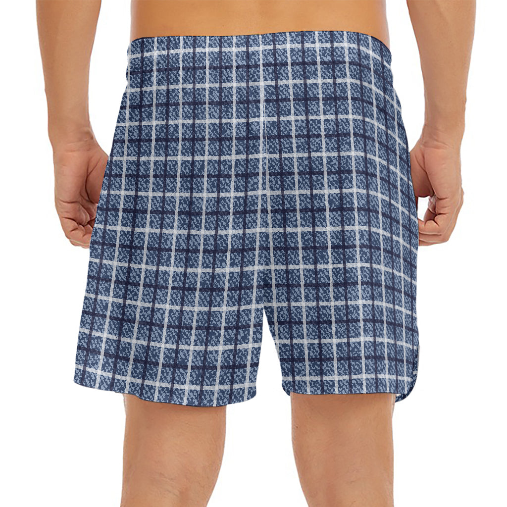 Denim Tattersall Pattern Print Men's Split Running Shorts