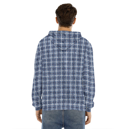 Denim Tattersall Pattern Print Men's Velvet Pullover Hoodie