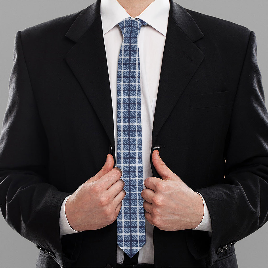 Denim Tattersall Pattern Print Necktie