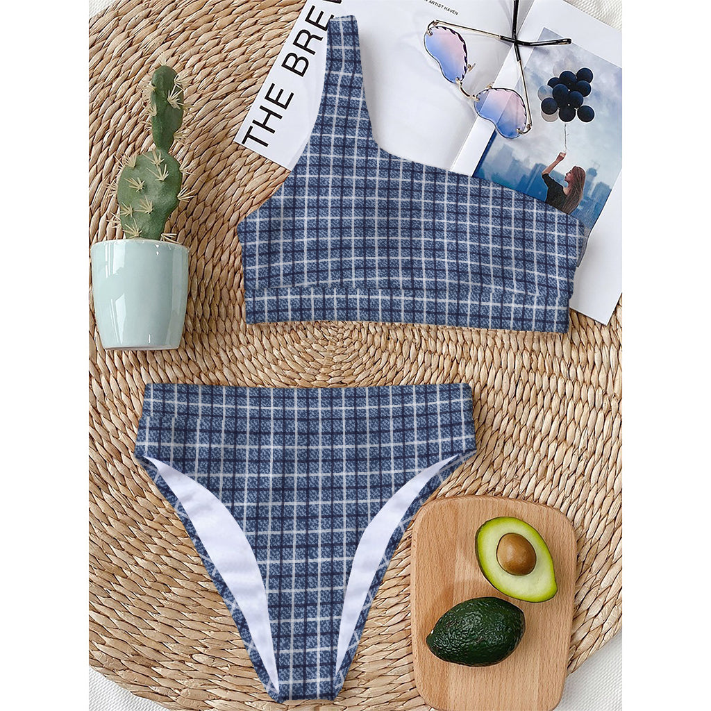 Denim Tattersall Pattern Print One Shoulder Bikini Top