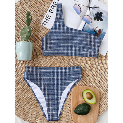 Denim Tattersall Pattern Print One Shoulder Bikini Top