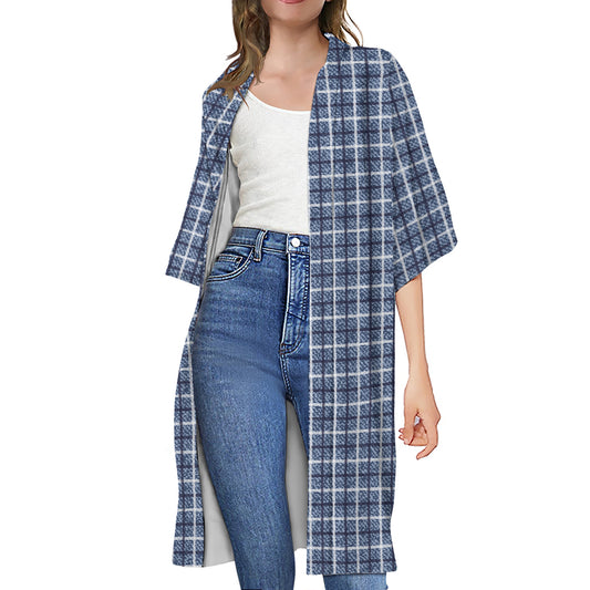 Denim Tattersall Pattern Print Open Front Beach Cover Up