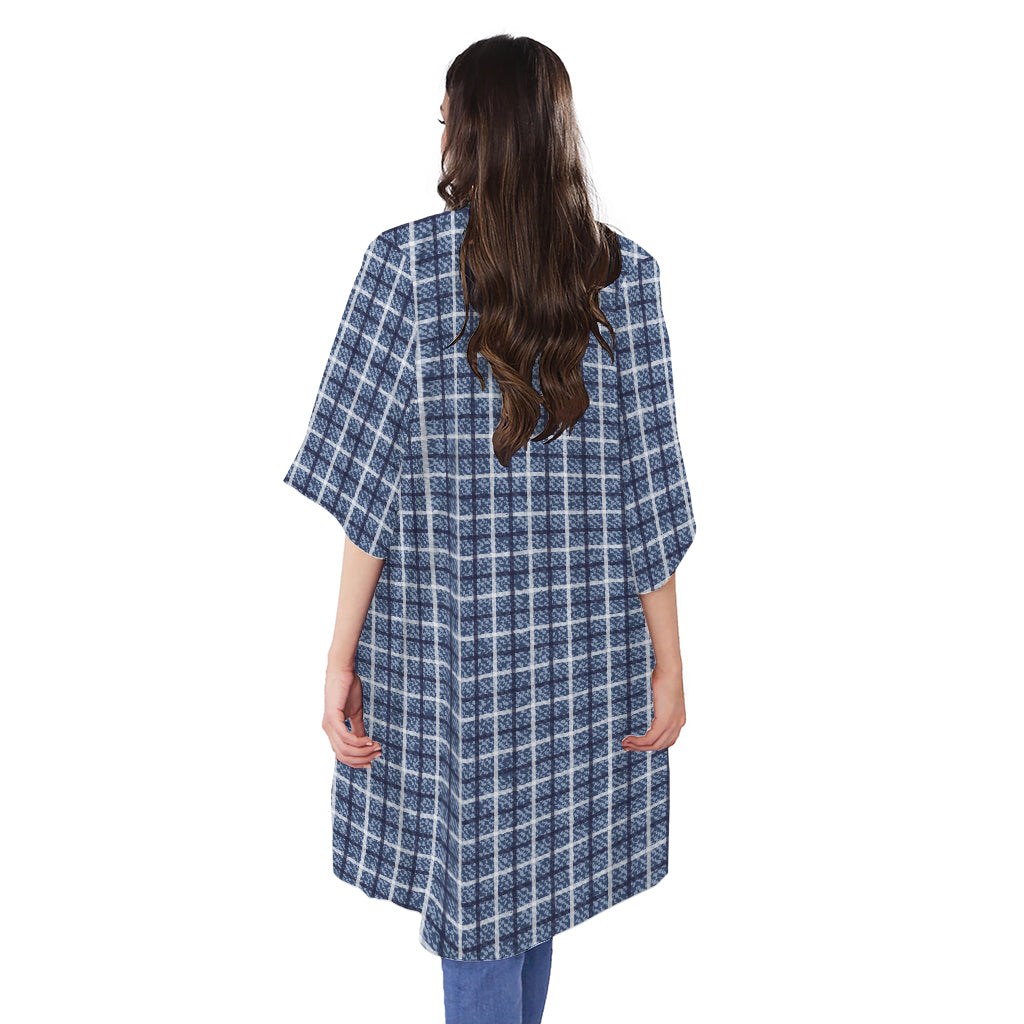 Denim Tattersall Pattern Print Open Front Beach Cover Up