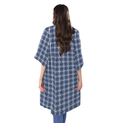 Denim Tattersall Pattern Print Open Front Beach Cover Up