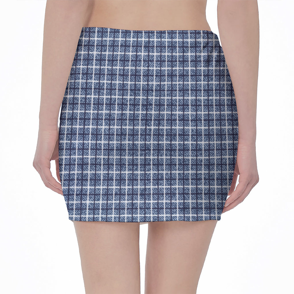 Denim Tattersall Pattern Print Pencil Mini Skirt