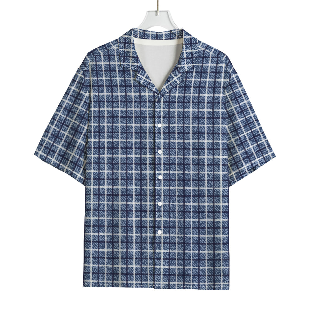 Denim Tattersall Pattern Print Rayon Hawaiian Shirt