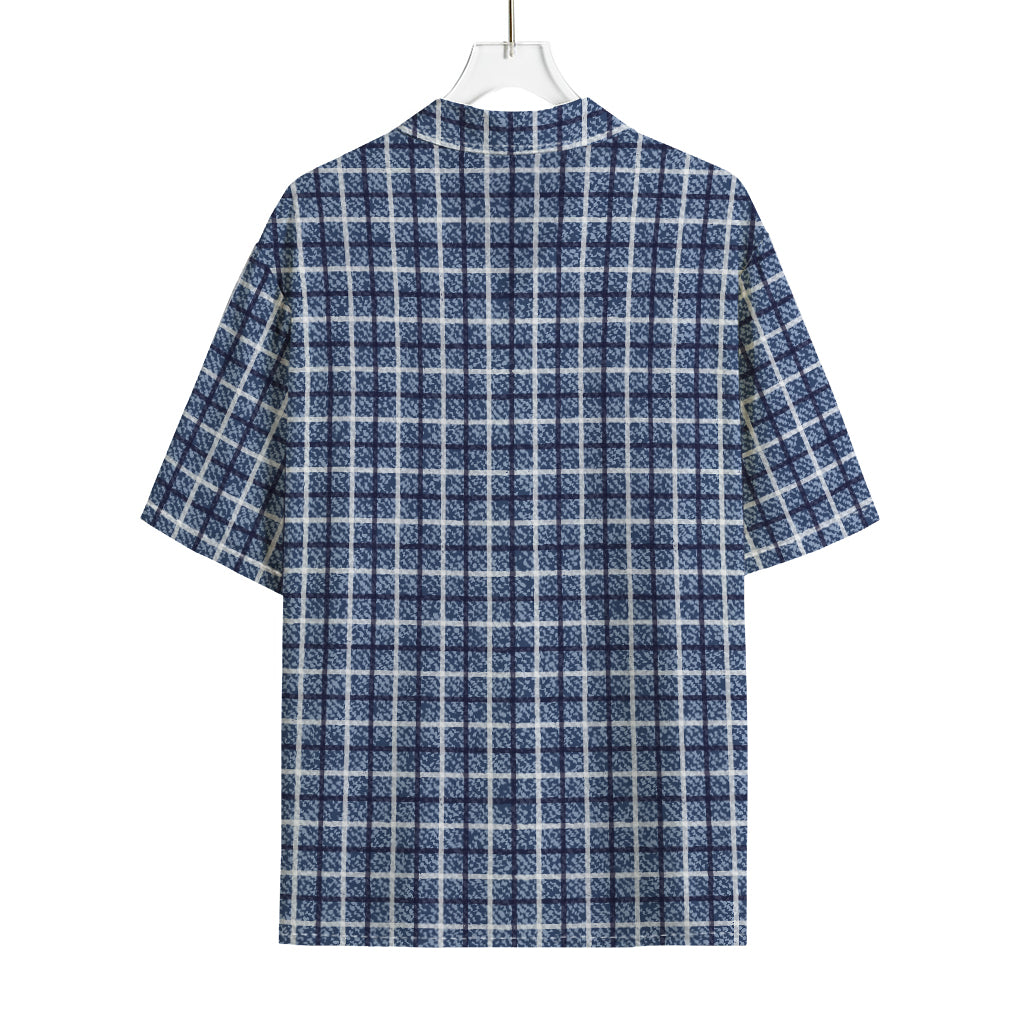 Denim Tattersall Pattern Print Rayon Hawaiian Shirt