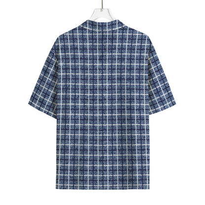 Denim Tattersall Pattern Print Rayon Hawaiian Shirt