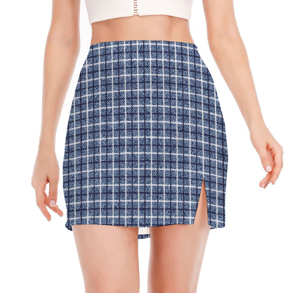 Denim Tattersall Pattern Print Side Slit Mini Skirt