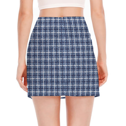 Denim Tattersall Pattern Print Side Slit Mini Skirt