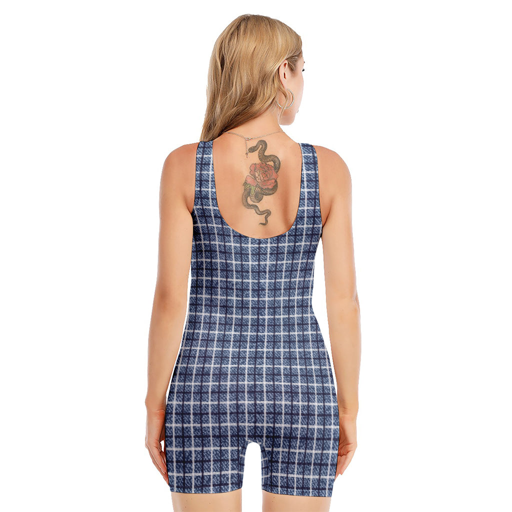 Denim Tattersall Pattern Print Sleeveless One Piece Swimsuit