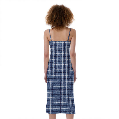 Denim Tattersall Pattern Print Slim Fit Midi Cami Dress