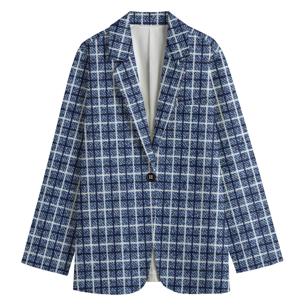Denim Tattersall Pattern Print Women's Cotton Blazer