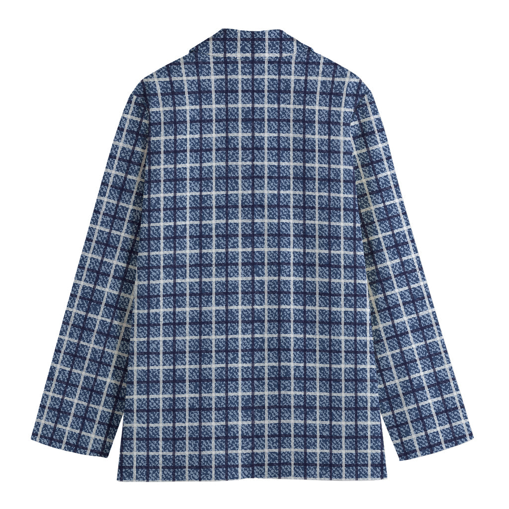 Denim Tattersall Pattern Print Women's Cotton Blazer