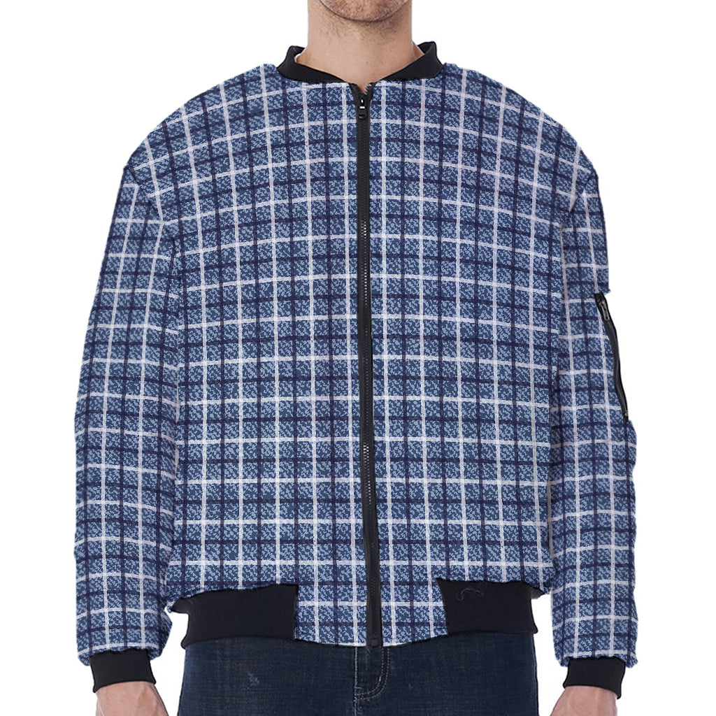 Denim Tattersall Pattern Print Zip Sleeve Bomber Jacket