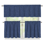 Denim Windowpane Pattern Print 3 Piece Kitchen Curtains
