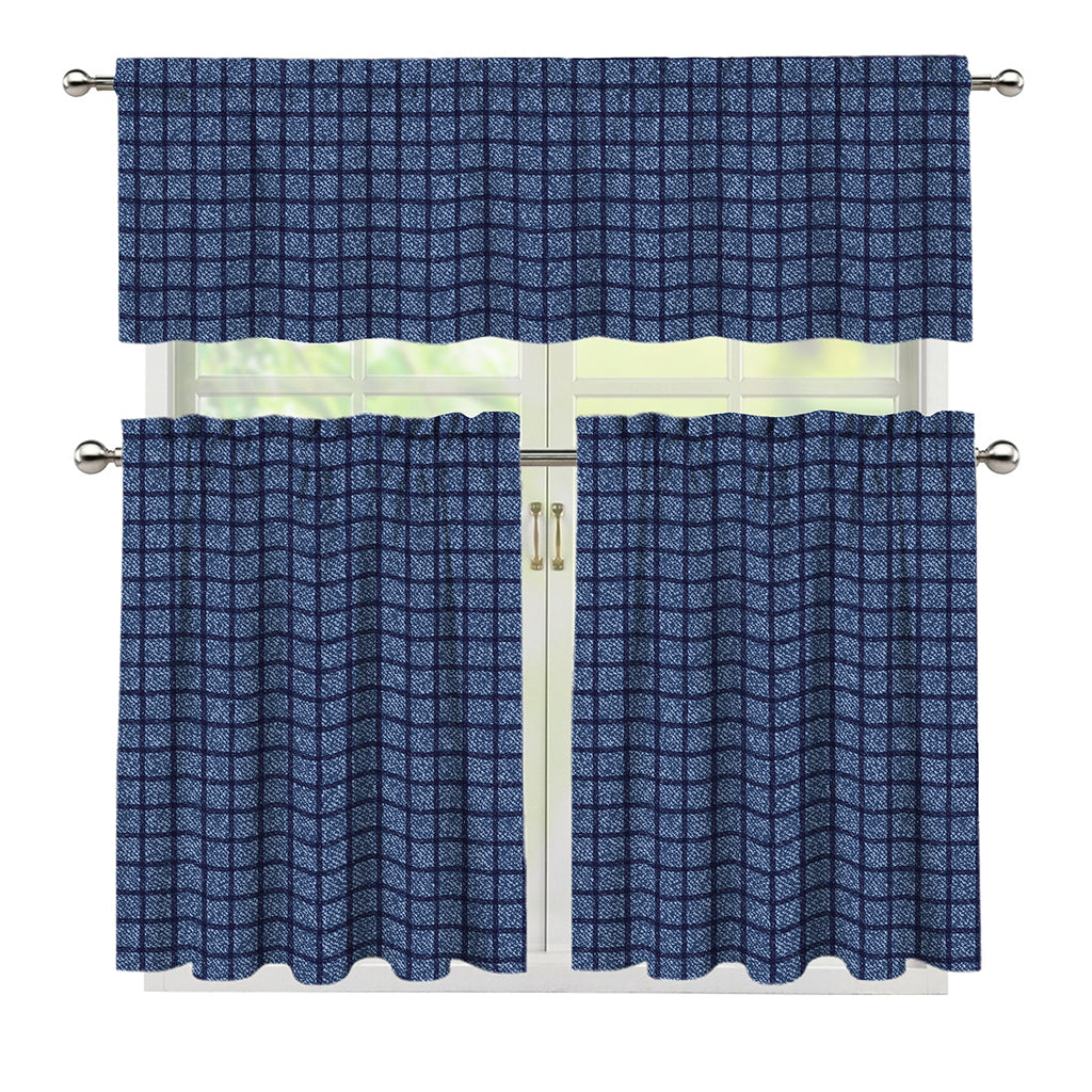 Denim Windowpane Pattern Print 3 Piece Kitchen Curtains