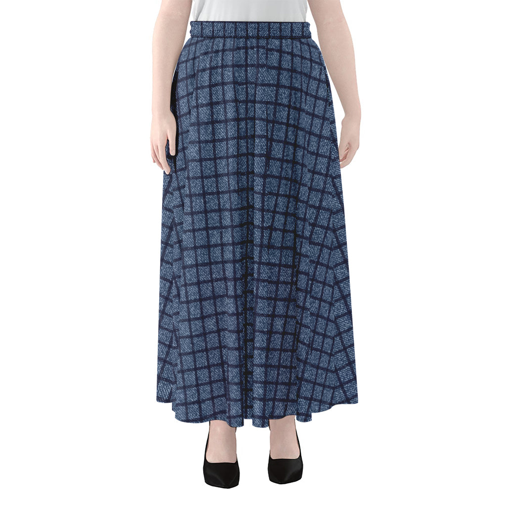 Denim Windowpane Pattern Print Chiffon Maxi Skirt