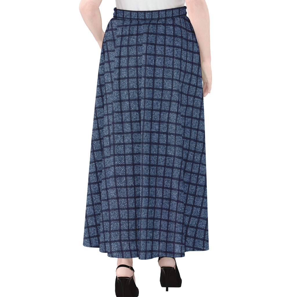 Denim Windowpane Pattern Print Chiffon Maxi Skirt