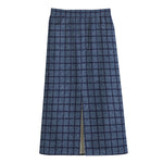 Denim Windowpane Pattern Print Cotton Front Slit Maxi Skirt