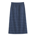 Denim Windowpane Pattern Print Cotton Front Slit Maxi Skirt