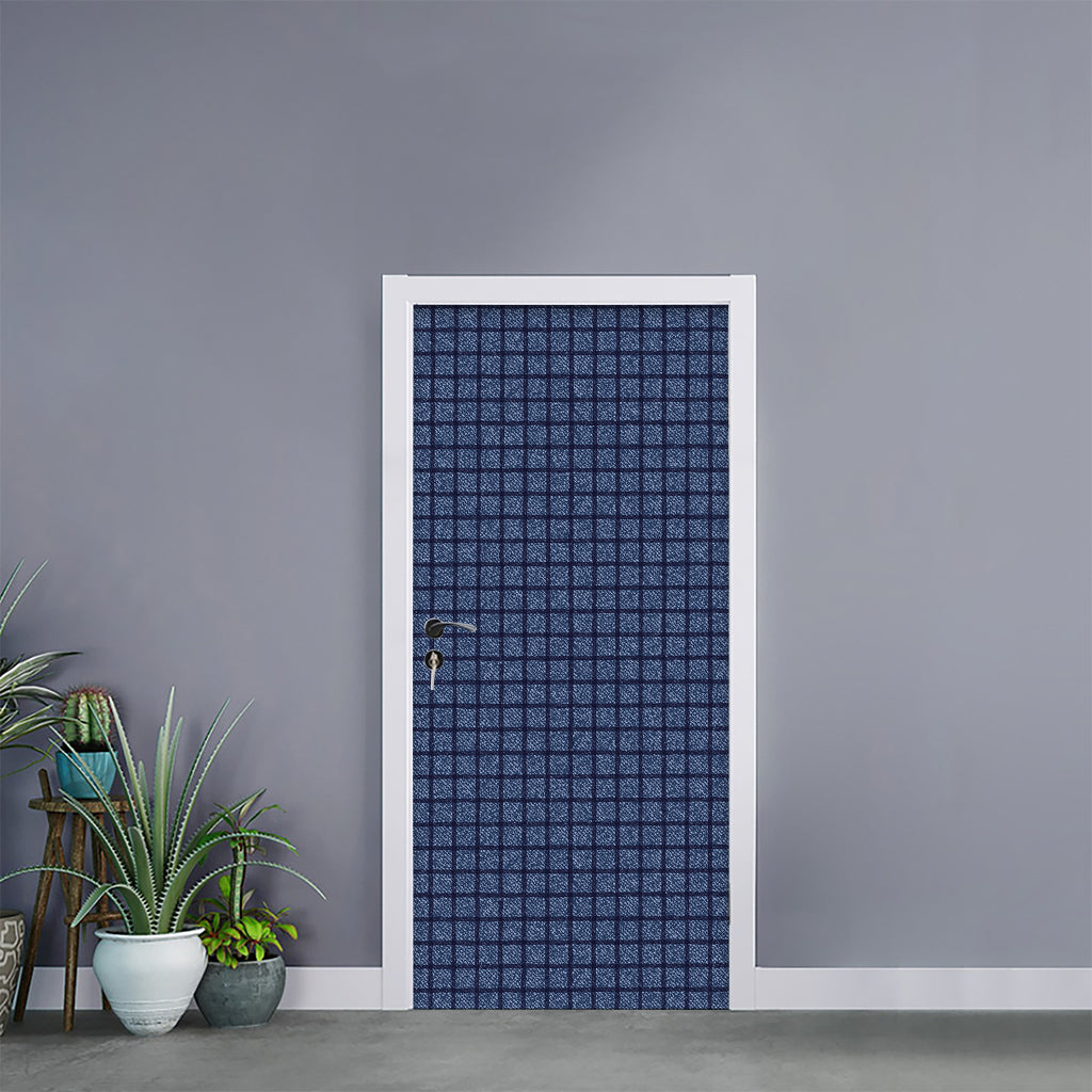 Denim Windowpane Pattern Print Door Sticker