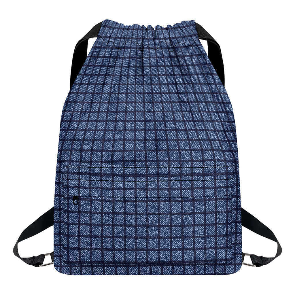 Denim Windowpane Pattern Print Drawstring Backpack