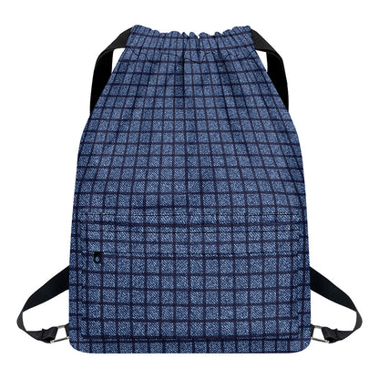 Denim Windowpane Pattern Print Drawstring Backpack
