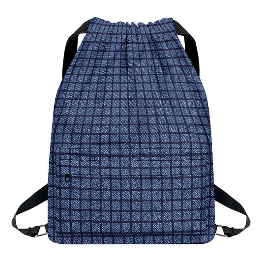 Denim Windowpane Pattern Print Drawstring Backpack