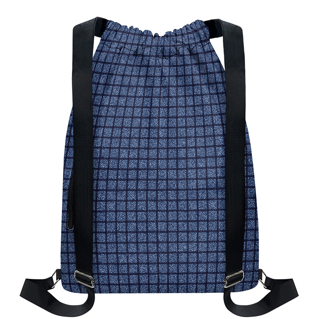 Denim Windowpane Pattern Print Drawstring Backpack