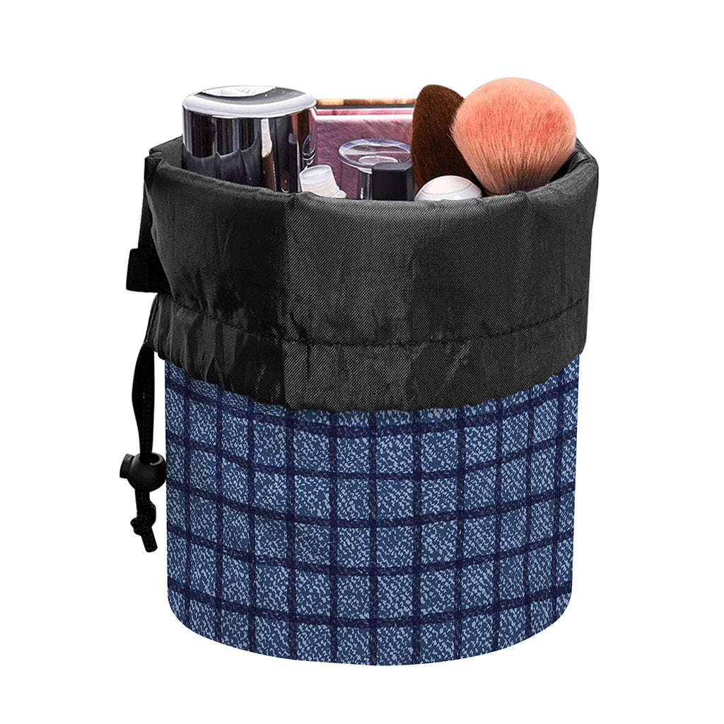 Denim Windowpane Pattern Print Drawstring Makeup Bag
