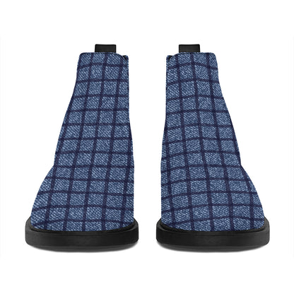 Denim Windowpane Pattern Print Flat Ankle Boots