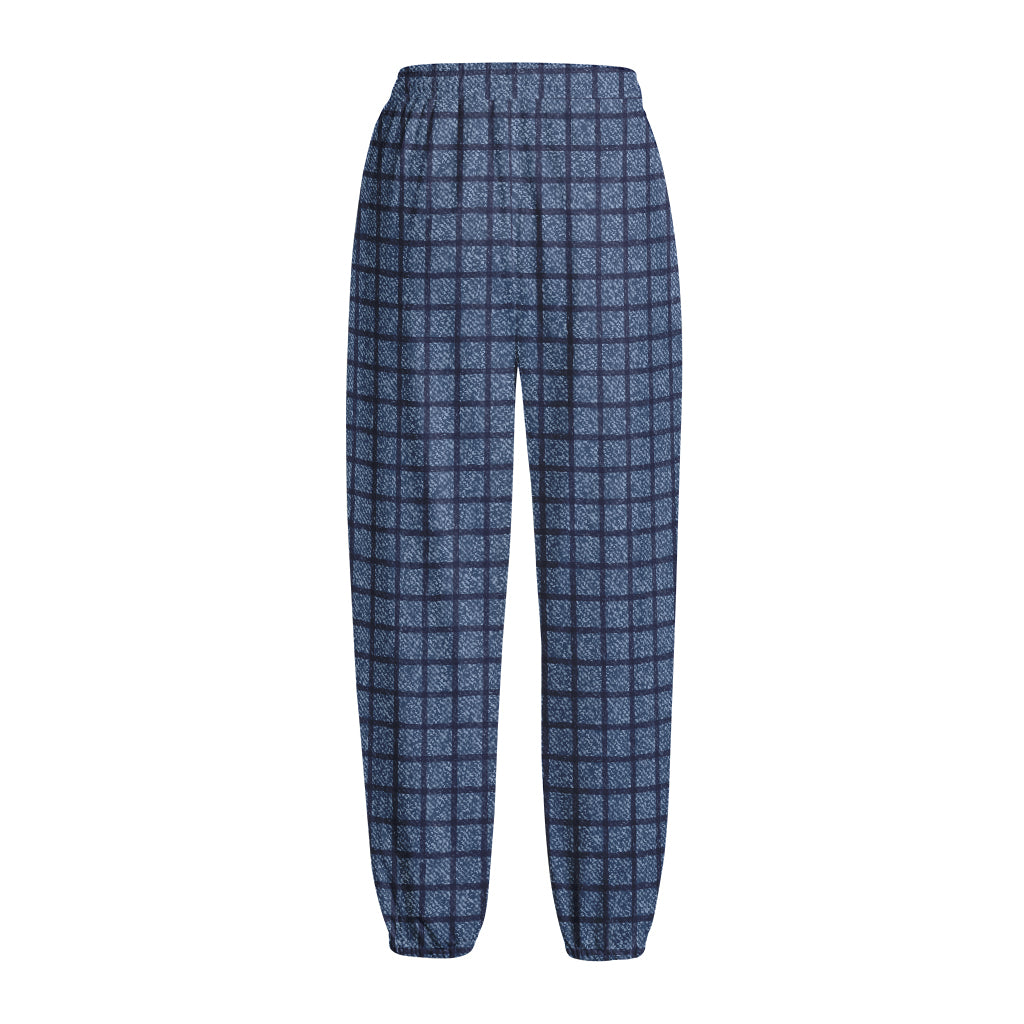 Denim Windowpane Pattern Print Fleece Lined Knit Pants