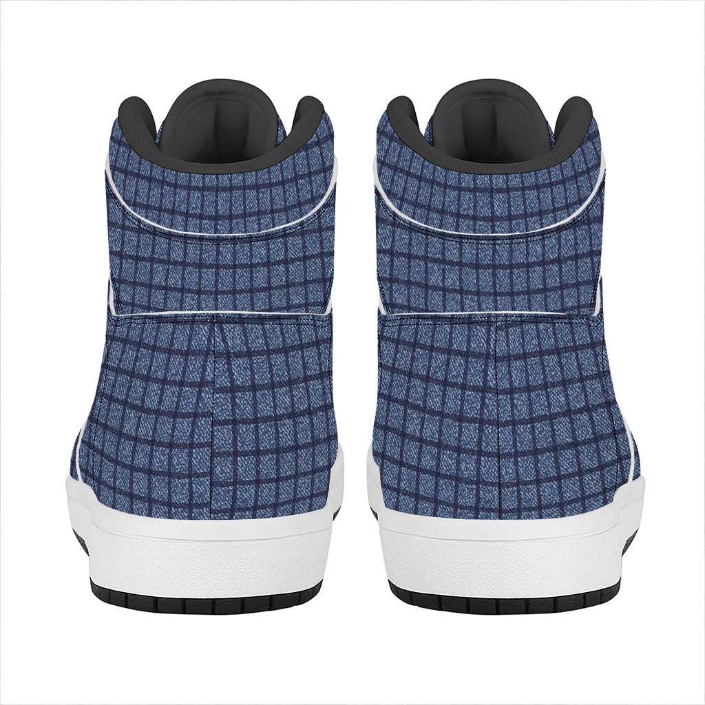 Denim Windowpane Pattern Print High Top Leather Sneakers