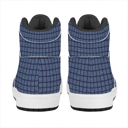 Denim Windowpane Pattern Print High Top Leather Sneakers
