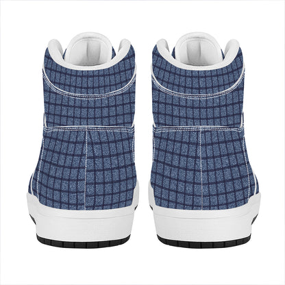 Denim Windowpane Pattern Print High Top Leather Sneakers