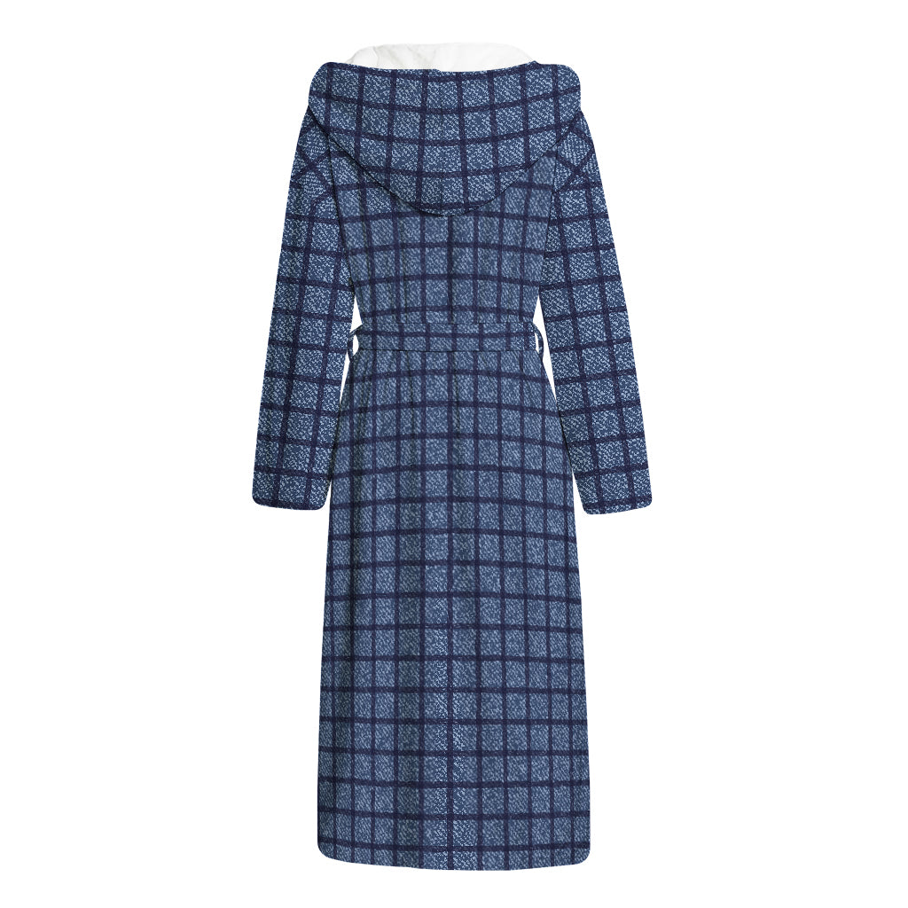 Denim Windowpane Pattern Print Hooded Bathrobe
