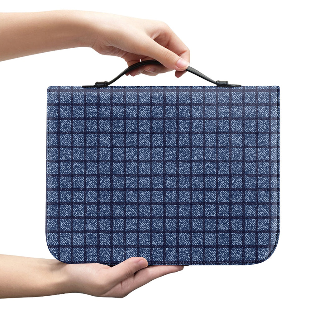 Denim Windowpane Pattern Print Leather Bible Cover