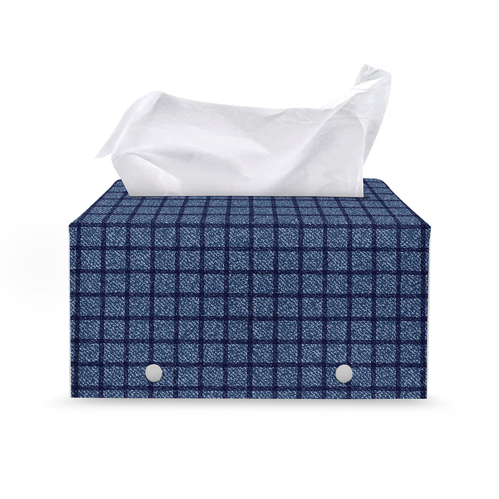 Denim Windowpane Pattern Print Leather Tissue Box Cover