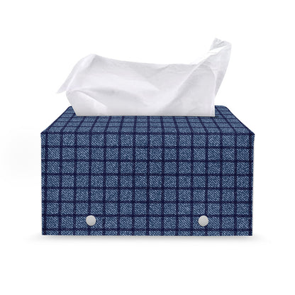 Denim Windowpane Pattern Print Leather Tissue Box Cover